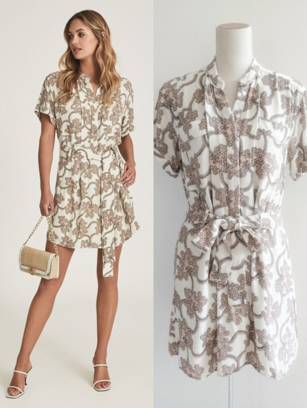 Reiss Nico Pink Abstract Print Pattern Pleated Sash Tie Mini Summer Dress
